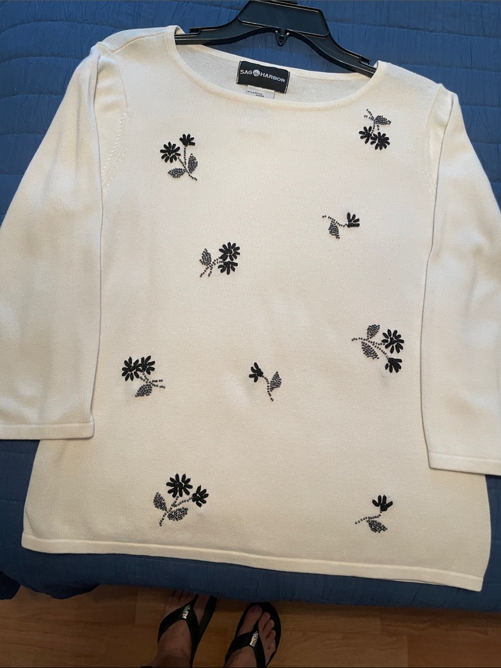 Sag harbor sweater size Medium detailed with white ribbon and beads